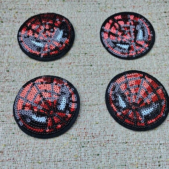 Lot of 4 Patches Red Sequins Sewing On Patches Red/Black Spider Web Round Patch - Picture 5 of 10